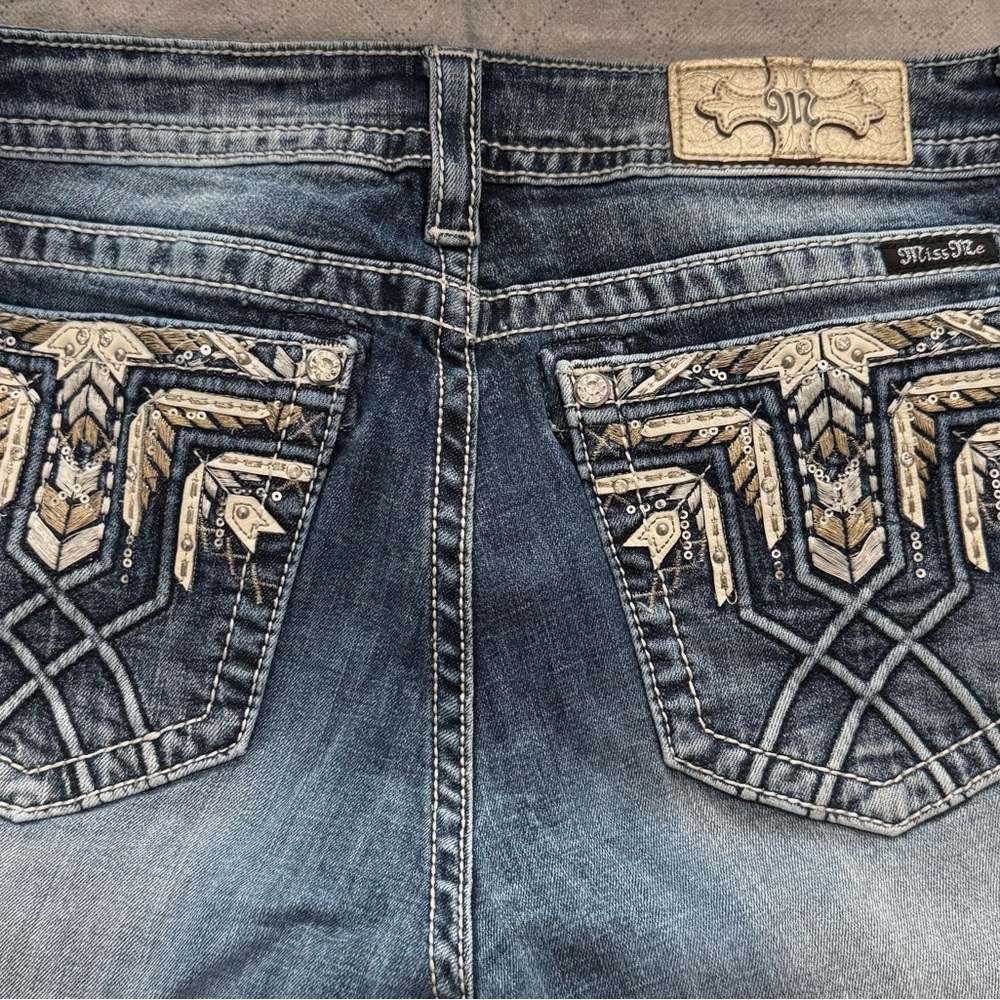 Miss Me Boot Cut Blue Jeans with Tan Embellishments